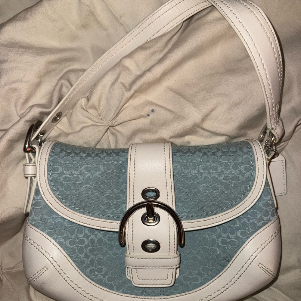 Vintage Soho Blue Signature C Canvas & White Leather Shoulder Bag (Style 1457)
